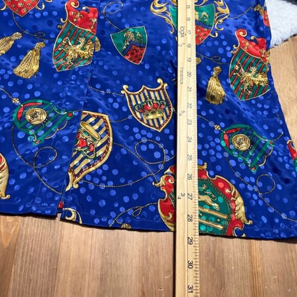 VTG Pierre Balmain Paris Royal Blue Printed Silk ButtonDown Long Sleeve Top Sz 3 - Picture 9 of 9